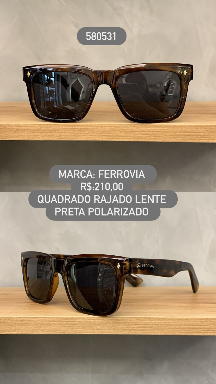 Óculos de Sol Ferrovia Feminino Rajado Quadrado com Lente Preta Polarizadas em Acetato 580531