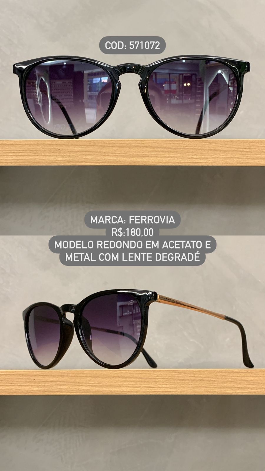 Óculos de Sol Ferrovia Feminino Redondo Preto Acetato e Metal Com Lente Degrade 571072