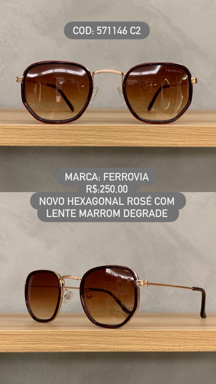 Óculos de Sol Ferrovia Feminino Rose Novo Hexagonal com Lente Marrom Degrade em Metal 571146 C2