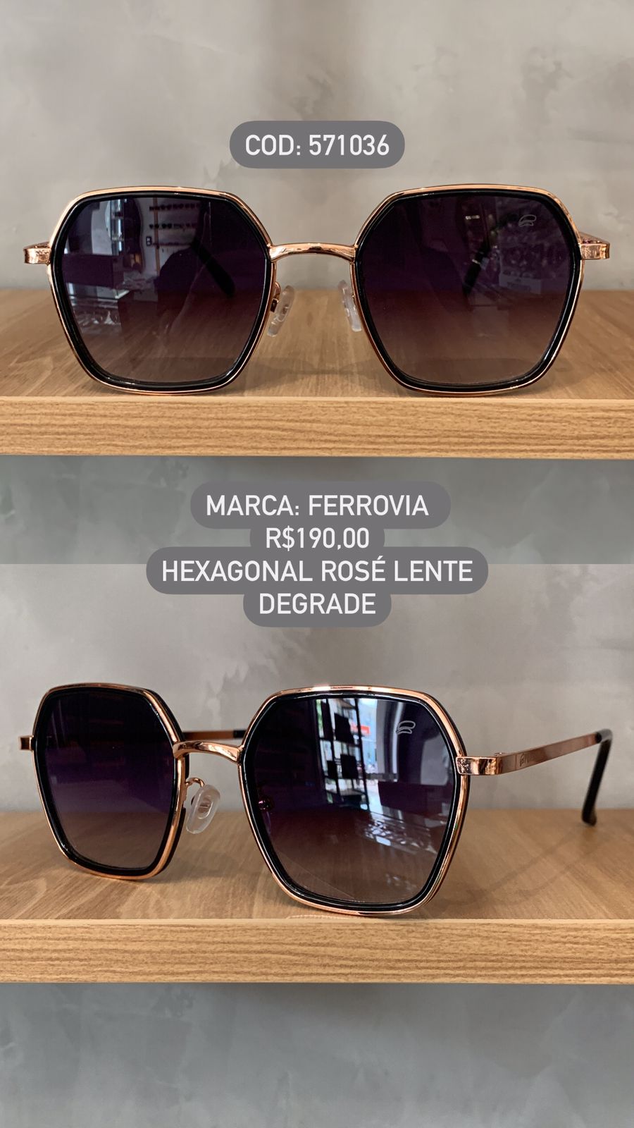 Óculos de Sol Ferrovia Feminino Rose Hexagonal com Lente Degrade Metal 571036
