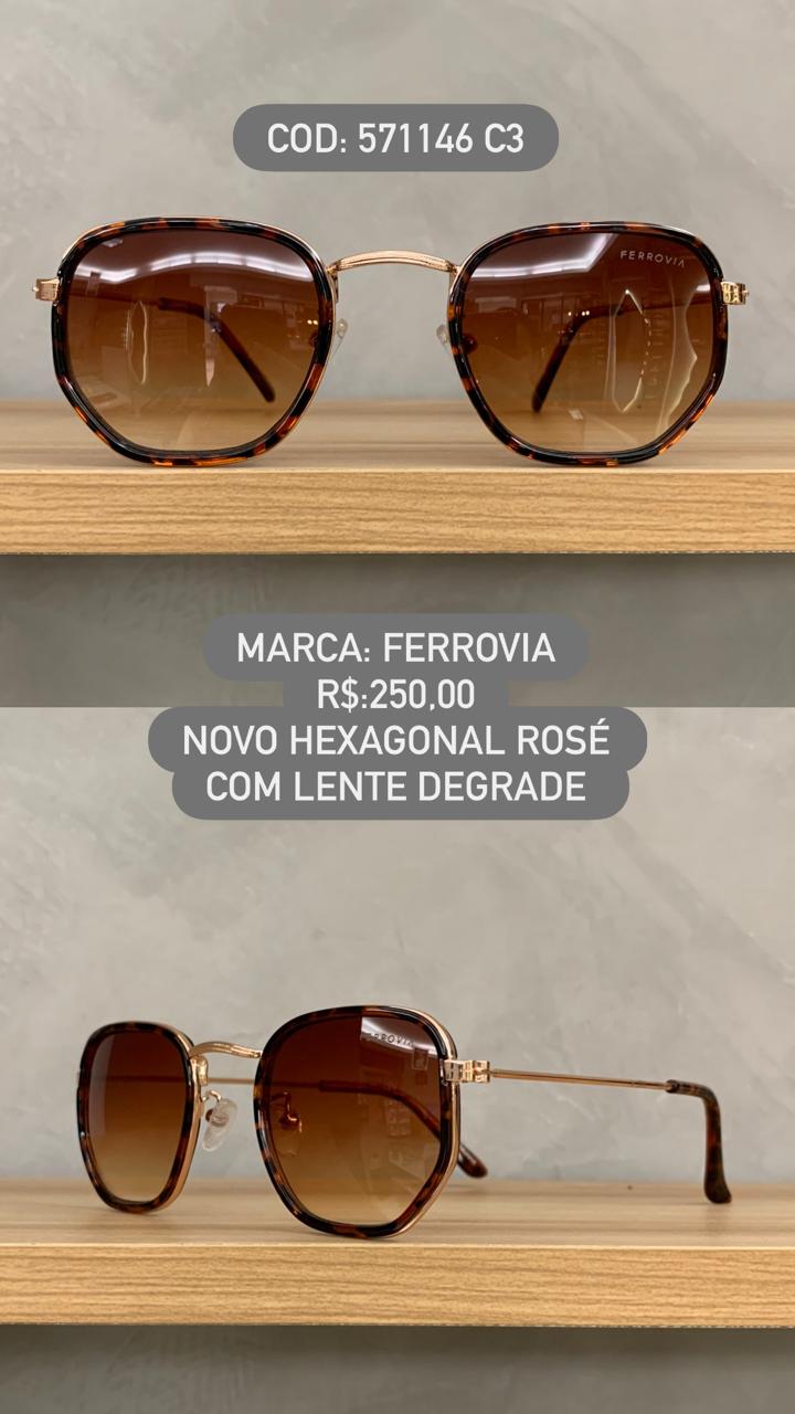 Óculos de Sol Ferrovia Feminino Rose Rajado Novo Hexagonal com Lente Marrom Degrade em Metal 571146 C3