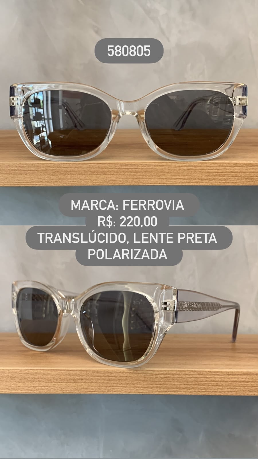 Óculos de Sol Ferrovia Feminino Translúcido com Lente Preta Polarizadas em Acetato 580805
