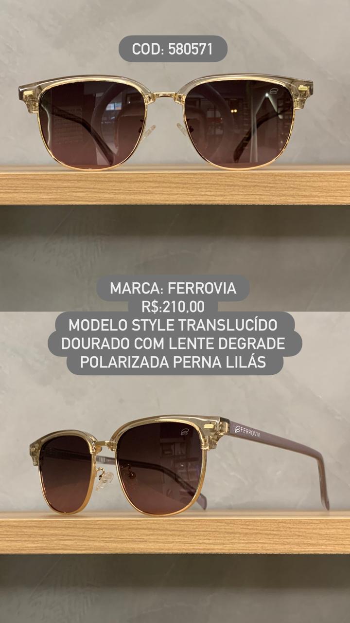 Óculos de Sol Ferrovia Feminino Translucido Dourado Perna Lilás Metal e Acetato Lente Degrade Polarizada 580571