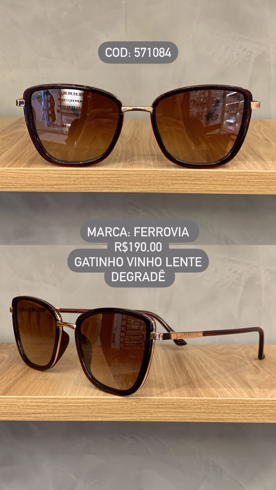 Óculos de Sol Ferrovia Feminino Vinho com Rose Gatinho com Lente Degrade em Metal 571084