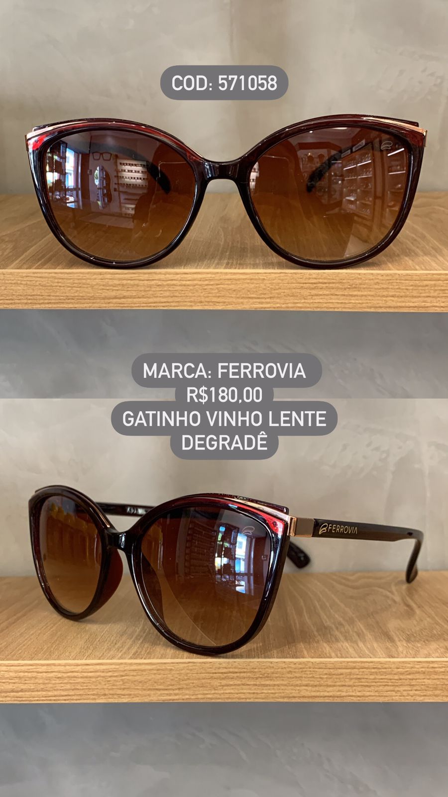 Óculos de Sol Ferrovia Feminino Vinho Gatinho com Lente Degrade em Acetato 571058