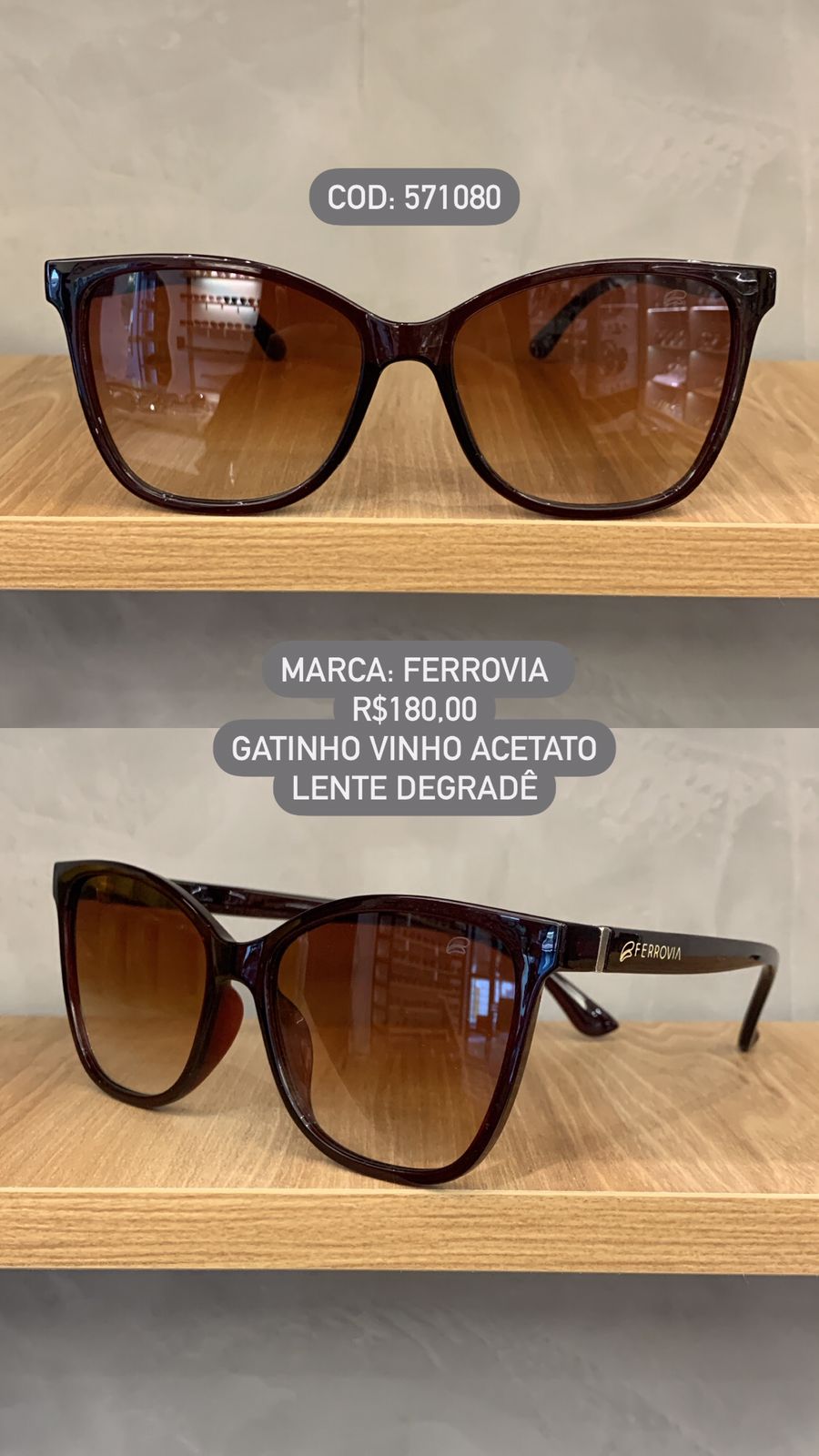 Óculos de Sol Ferrovia Feminino Vinho Gatinho com Lente Degrade em Acetato 571080