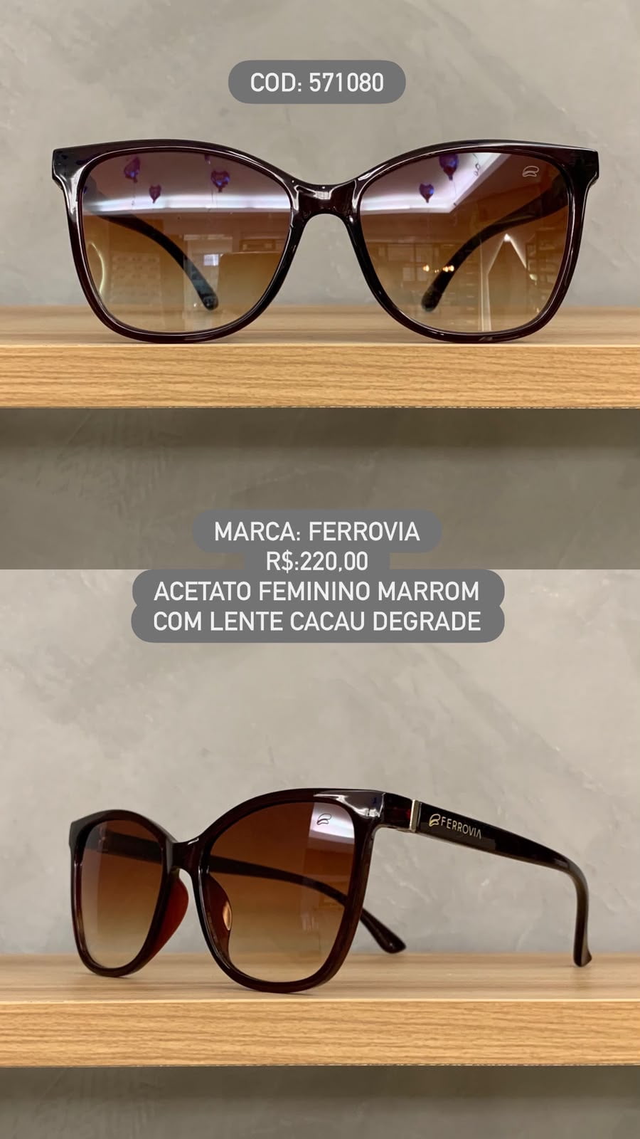 Óculos de Sol Ferrovia Feminino Marrom Gatinho com Lente Cacau Degrade em Acetato 571080