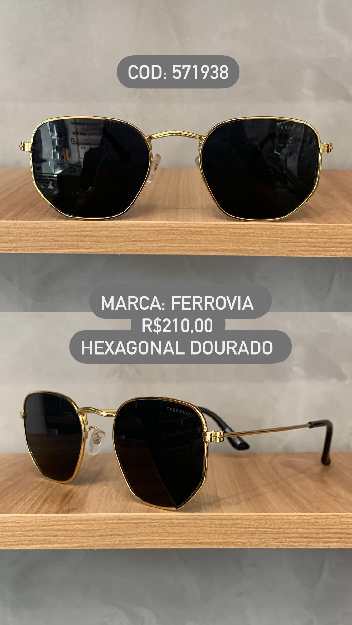 Óculos de Sol Ferrovia Dourado Hexagonal com Lente Preta Metal 571938