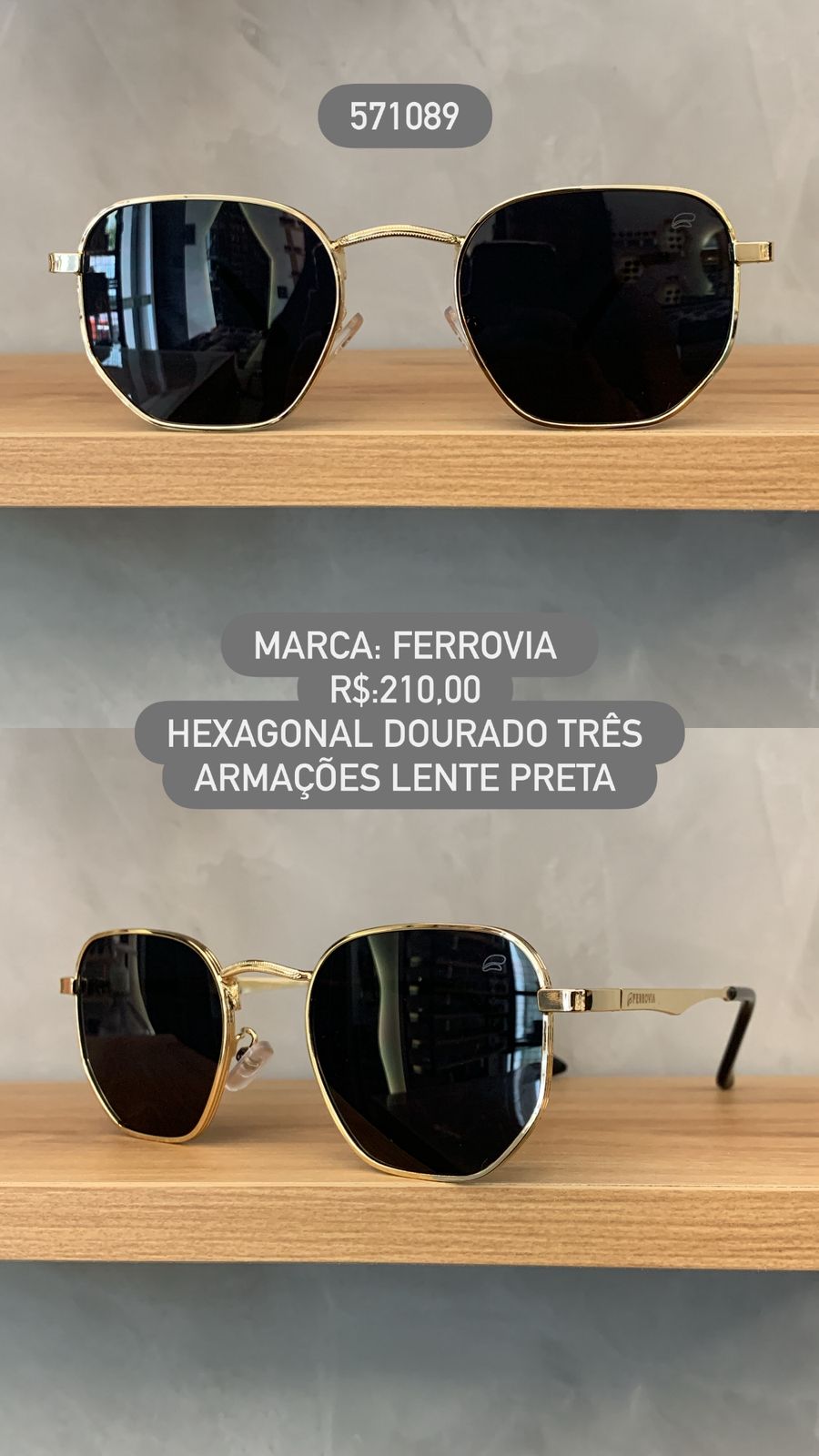 Óculos de Sol Ferrovia Hexagonal Dourado Três Armações com Lente Preta em Metal 571089