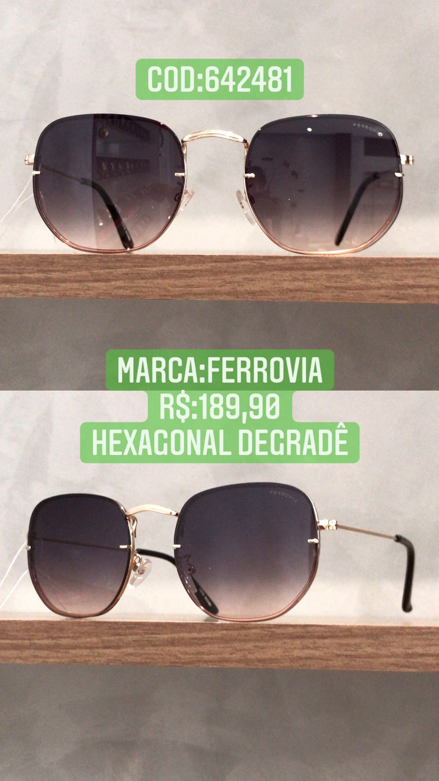 Óculos de Sol Hexagonal Feminino Dourado com Lente dégradé Retrô Proteção UVB e UVA Ferrovia 642481