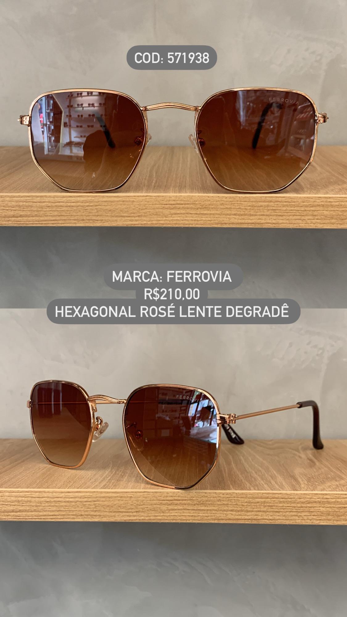 Óculos de Sol Ferrovia Feminino Rose Hexagonal com Lente Marrom Degrade em Metal 571938