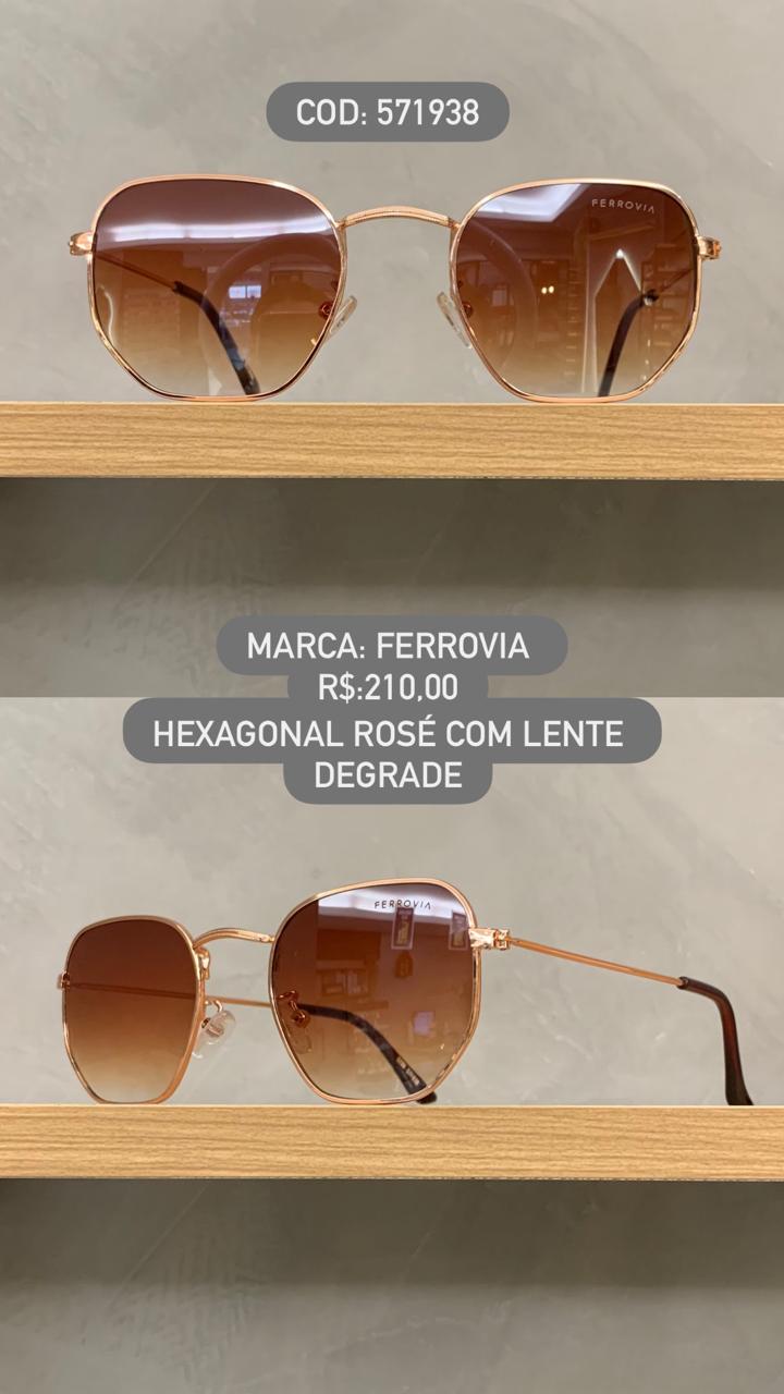 Óculos de Sol Ferrovia Feminino Rose Hexagonal com Lente Marrom Degrade em Metal 571938