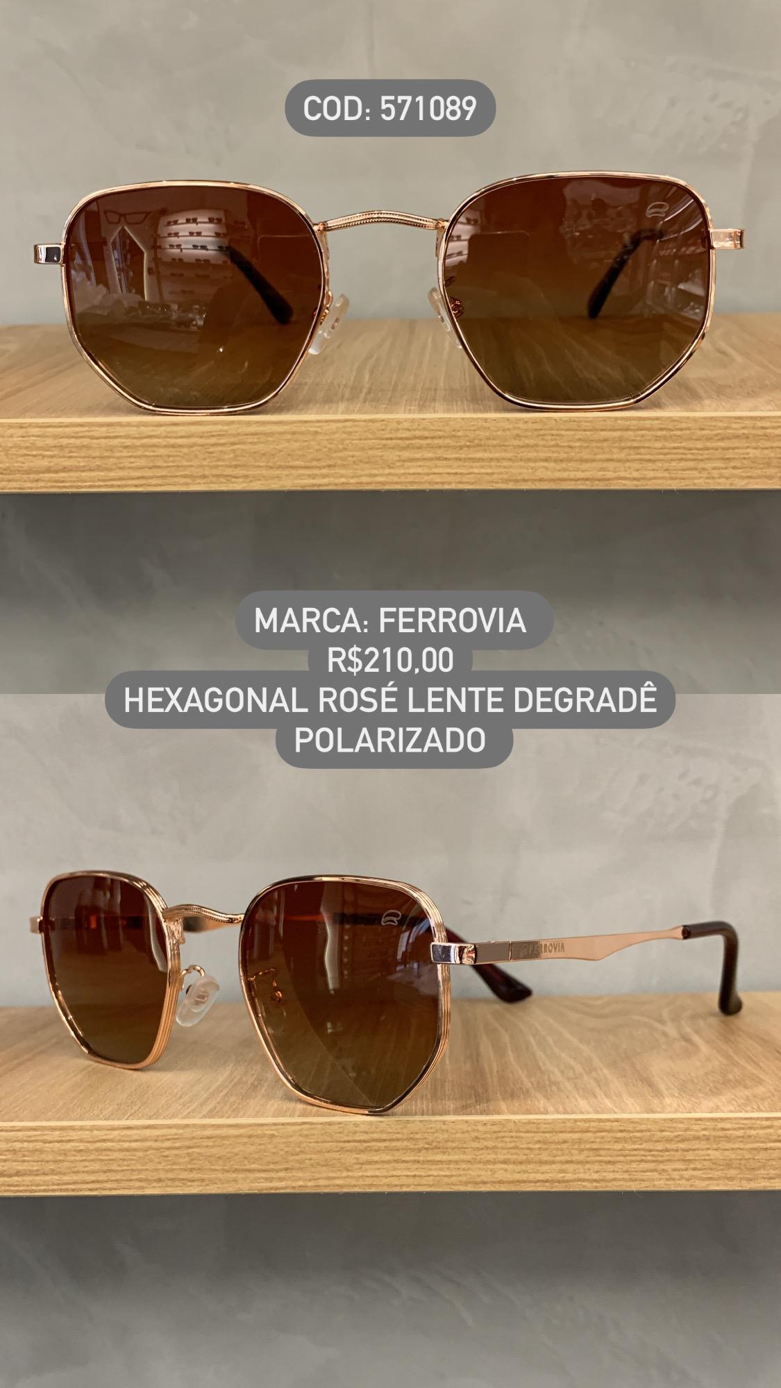 Óculos de Sol Ferrovia Hexagonal Três Armações Rose com Lente Degrade Polarizada Metal 571089