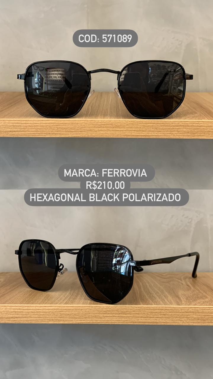 Óculos de Sol Ferrovia Hexagonal Três Armações Unissex Preto com Lente Polarizada Metal 571089