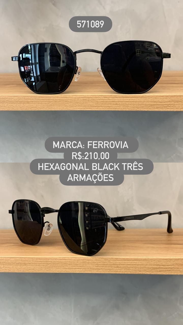 Óculos de Sol Ferrovia Hexagonal Três Armações Preto com Lente Polarizada Metal 571089