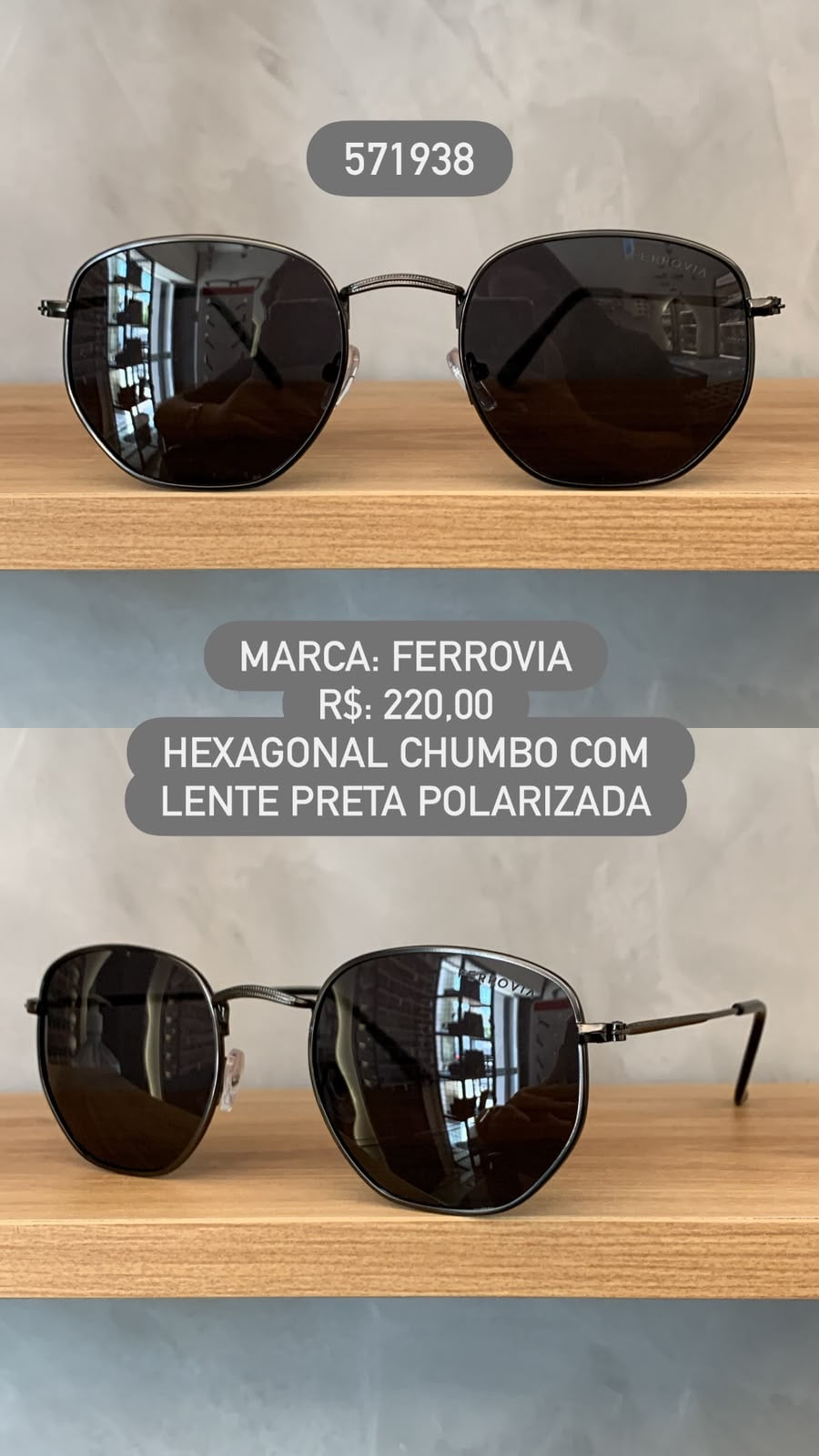 Óculos de Sol Ferrovia Hexagonal Unissex Chumbo com lente Preta Metal 571938