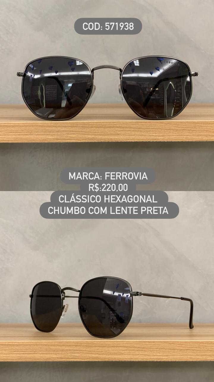 Óculos de Sol Ferrovia Hexagonal Unissex Chumbo com lente Preta Polarizada Metal 571938 6202