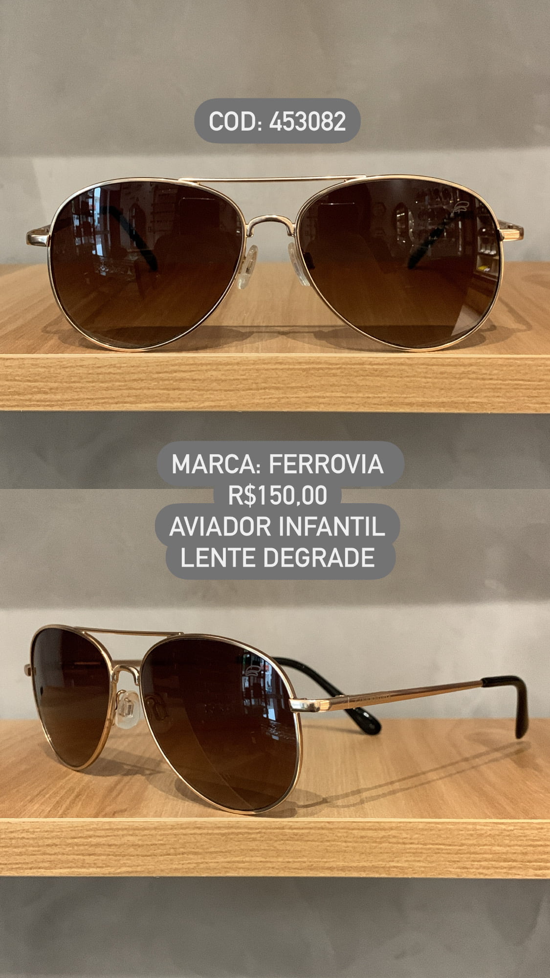 Óculos de Sol Ferrovia Infantil Dourado Esmaltado Aviador com Ponte Alta Lente Degrade Metal 453082_