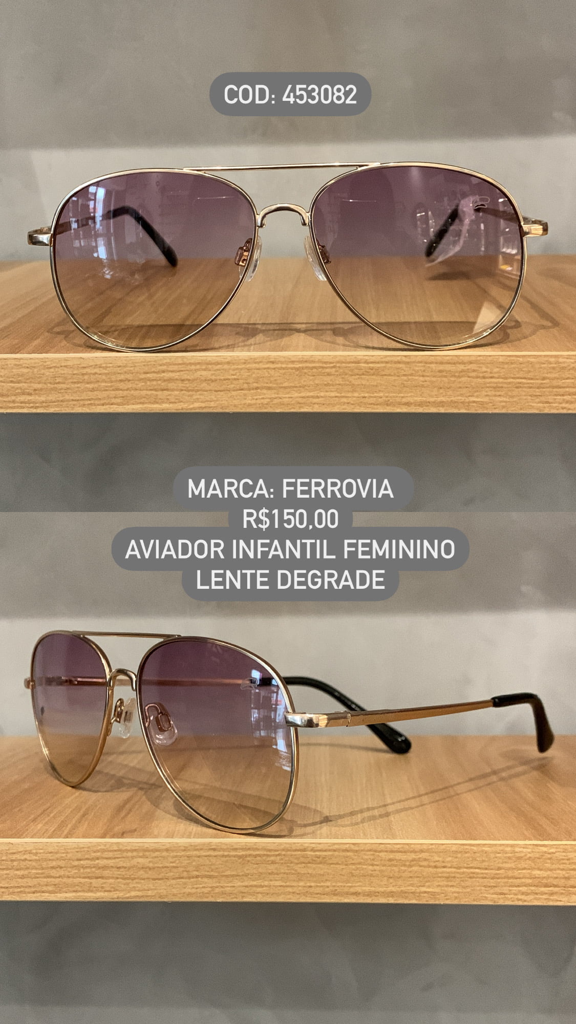 Óculos de Sol Ferrovia Infantil Feminino Dourado Esmaltado Aviador Lente Degrade com Ponte Alta Metal 453082_