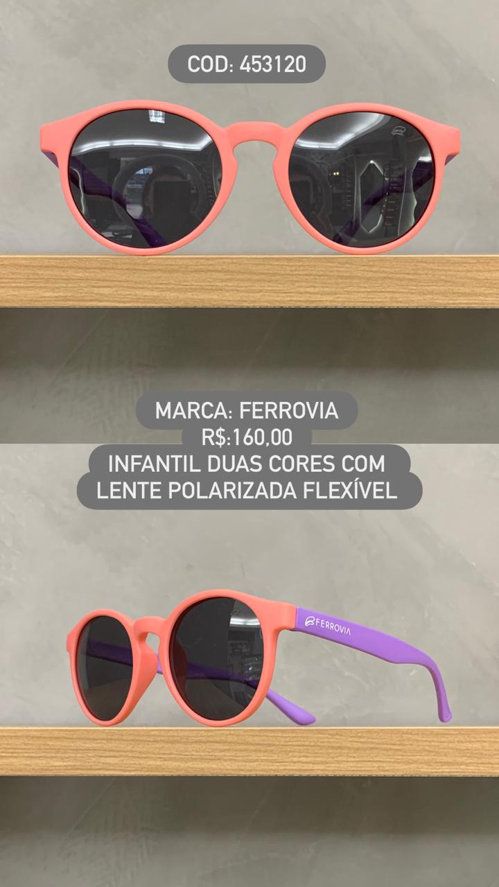 Óculos de Sol Ferrovia Infantil Feminino Rosa + Lilás Redondo Lente Preta Polarizada em  Acetato Flexível 453120