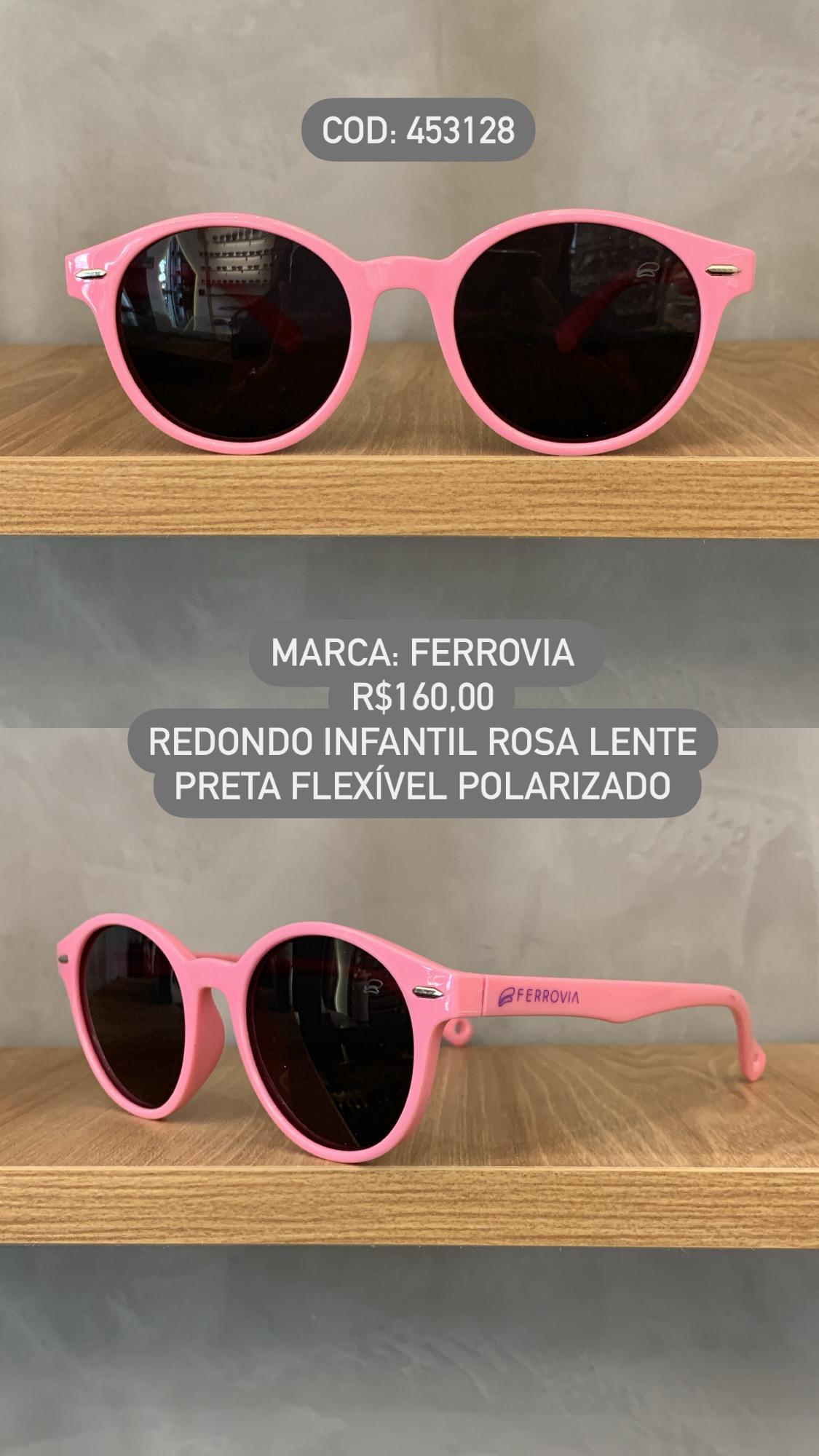 Óculos de Sol Ferrovia Infantil Feminino Rosa Redondo Lente Preta Acetato Flexível Polarizado 453128