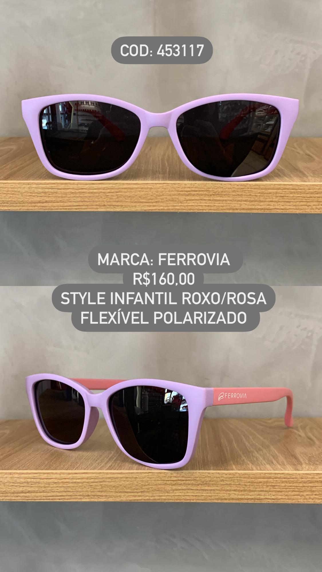Óculos de Sol Ferrovia Infantil Feminino Roxo e Rosa Style Lente Preta Acetato Flexível Polarizado 453117