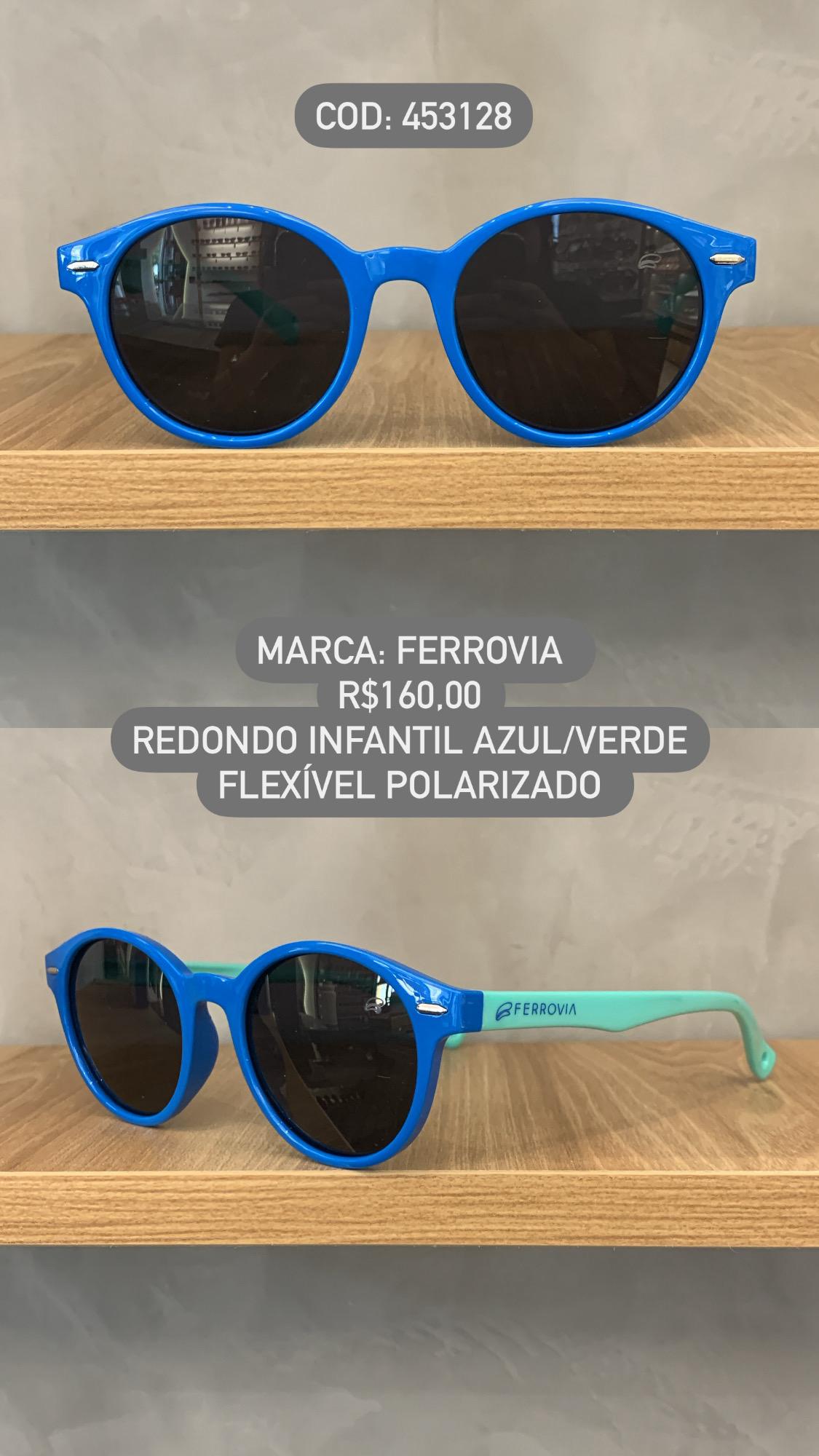 Óculos de Sol Ferrovia Infantil Masculino Azul e Verde Redondo Lente Preta Acetato Flexível Polarizado 453128