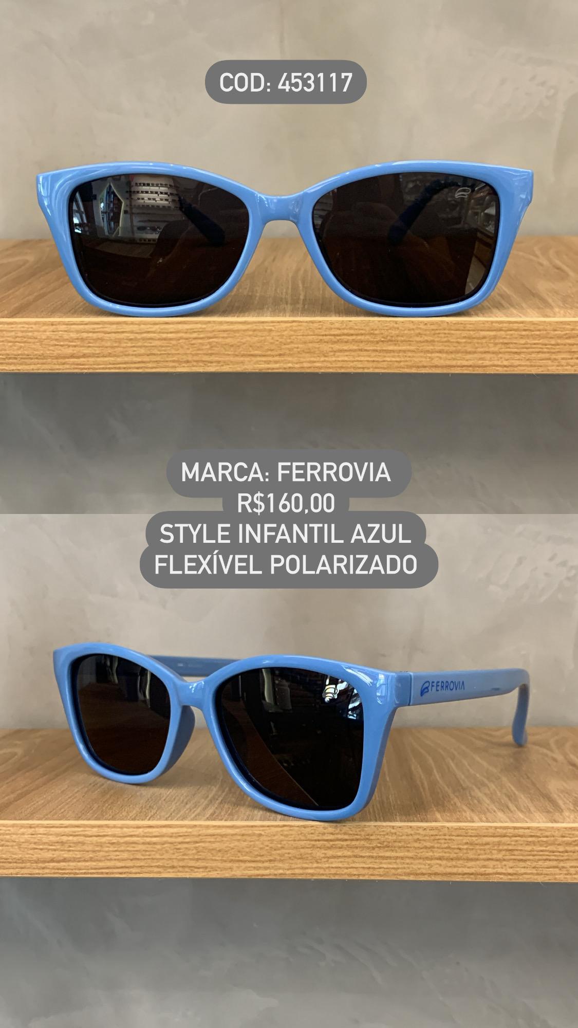 Óculos de Sol Ferrovia Infantil Masculino Azul Style Lente Preta Acetato Flexível Polarizado 453117