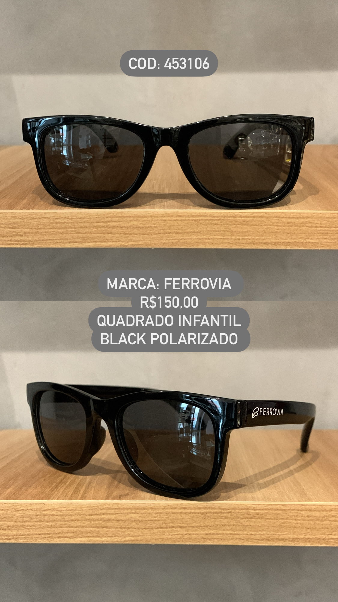 Óculos de Sol  Ferrovia Infantil Masculino Preto Esmaltado Quadrado Lente Preta Acetato Polarizado 453106 