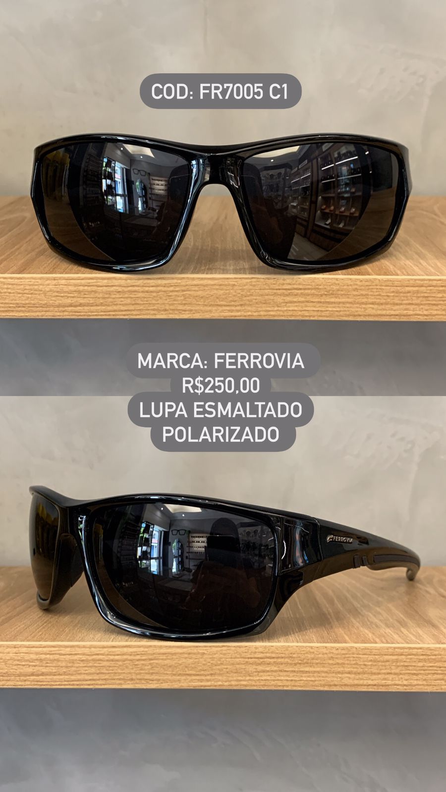 Óculos de Sol Ferrovia Masculino Preto Esmaltado Lupa Flexível Lente Preta Polarizado em Acetato FR7005 C1