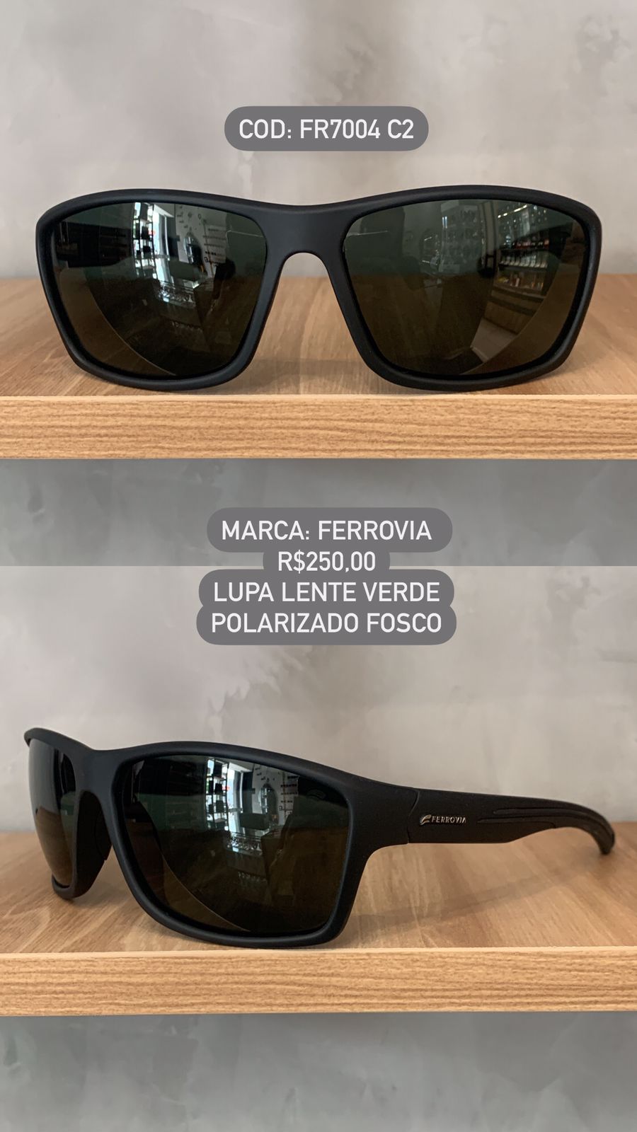 Óculos de Sol Ferrovia Masculino Preto Fosco Lupa Esportivo Acetato Flexível com Lente Verde Polarizado em Acetato FR7004 C2