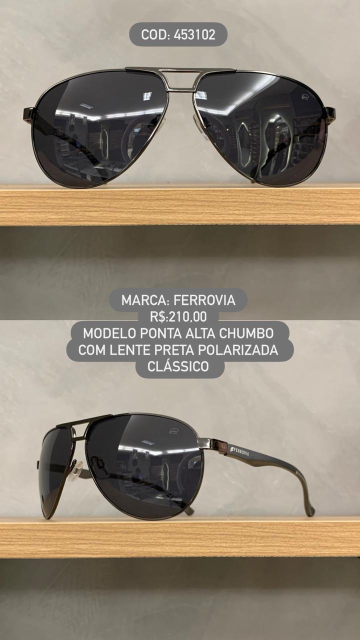 Óculos de Sol Ferrovia Masculino Aviador Chumbo com Lente Preta Polarizada em Metal 453102