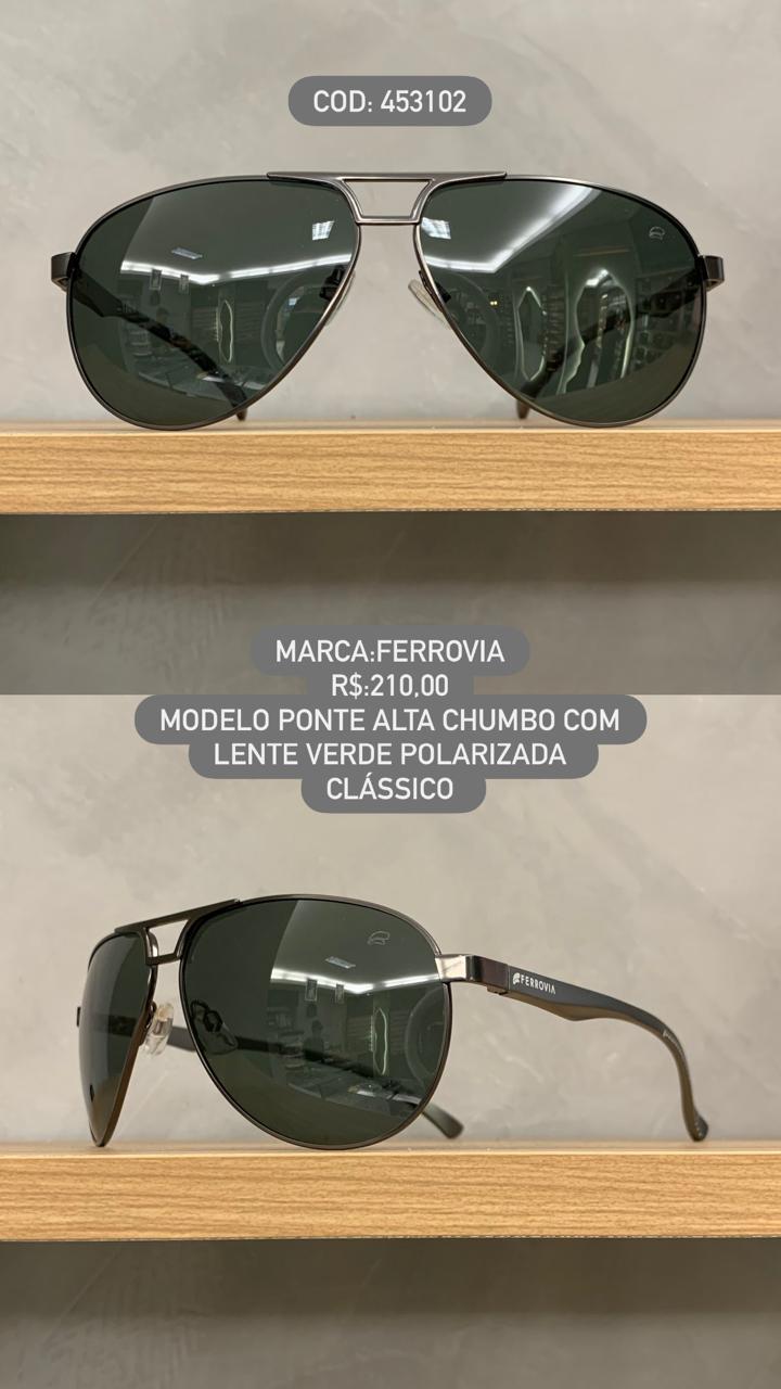 Óculos de Sol Ferrovia Masculino Aviador Chumbo com Lente Verde Polarizada em Metal 453102