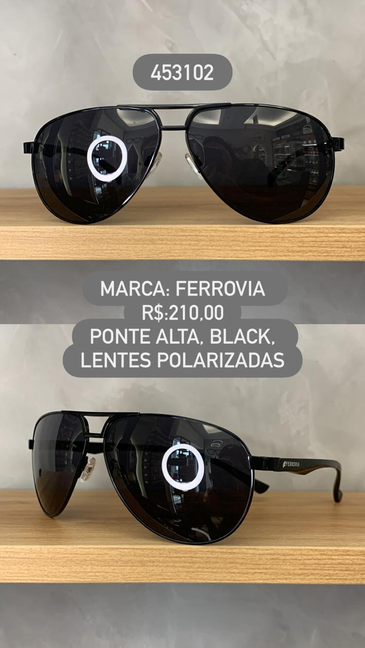 Óculos de Sol Ferrovia Masculino Aviador Preto com Lente Preta Polarizada em Metal 453102