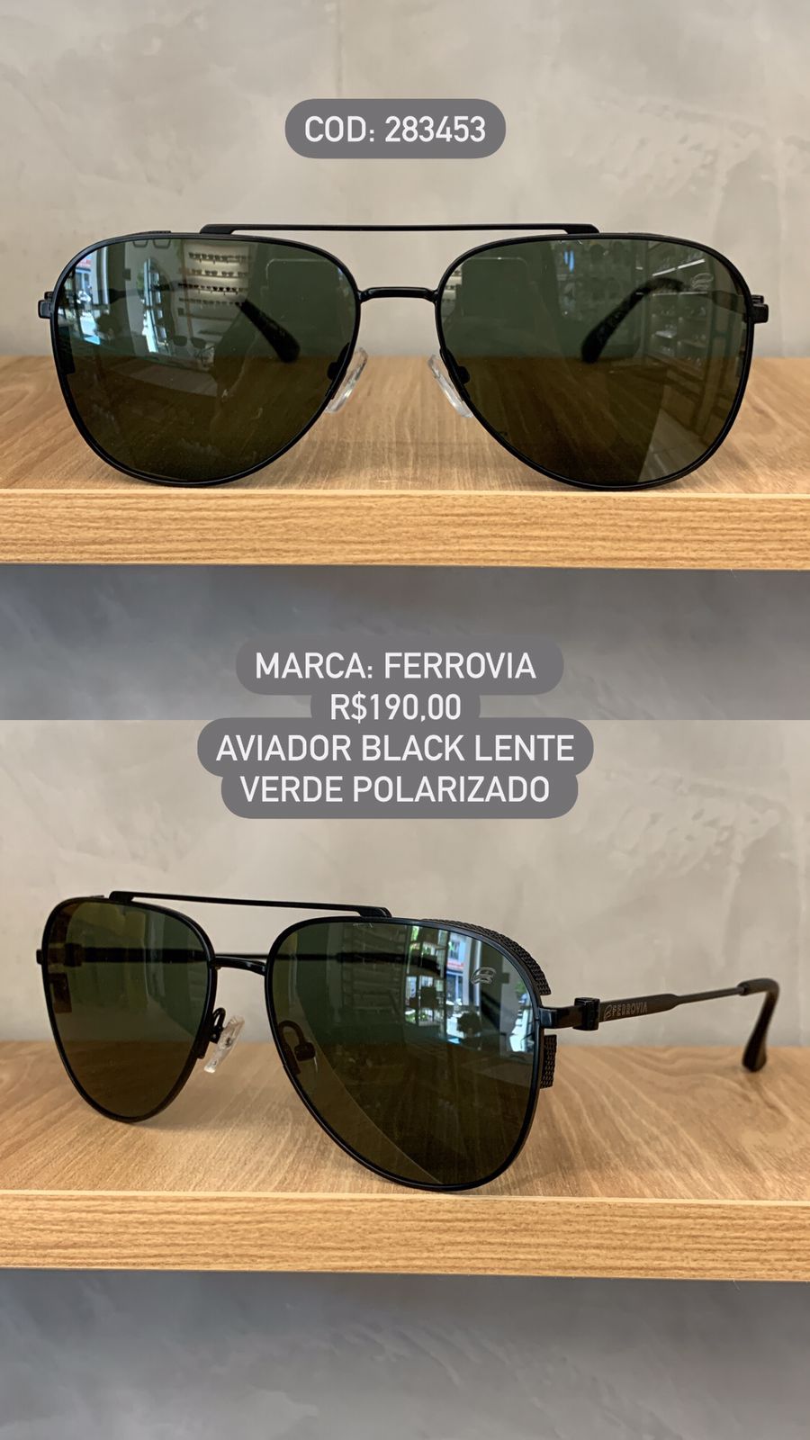 Óculos de Sol Ferrovia Masculino Aviador Preto com Lente Verde Ponte Alta Terra do Sol Polarizado em Metal 283453