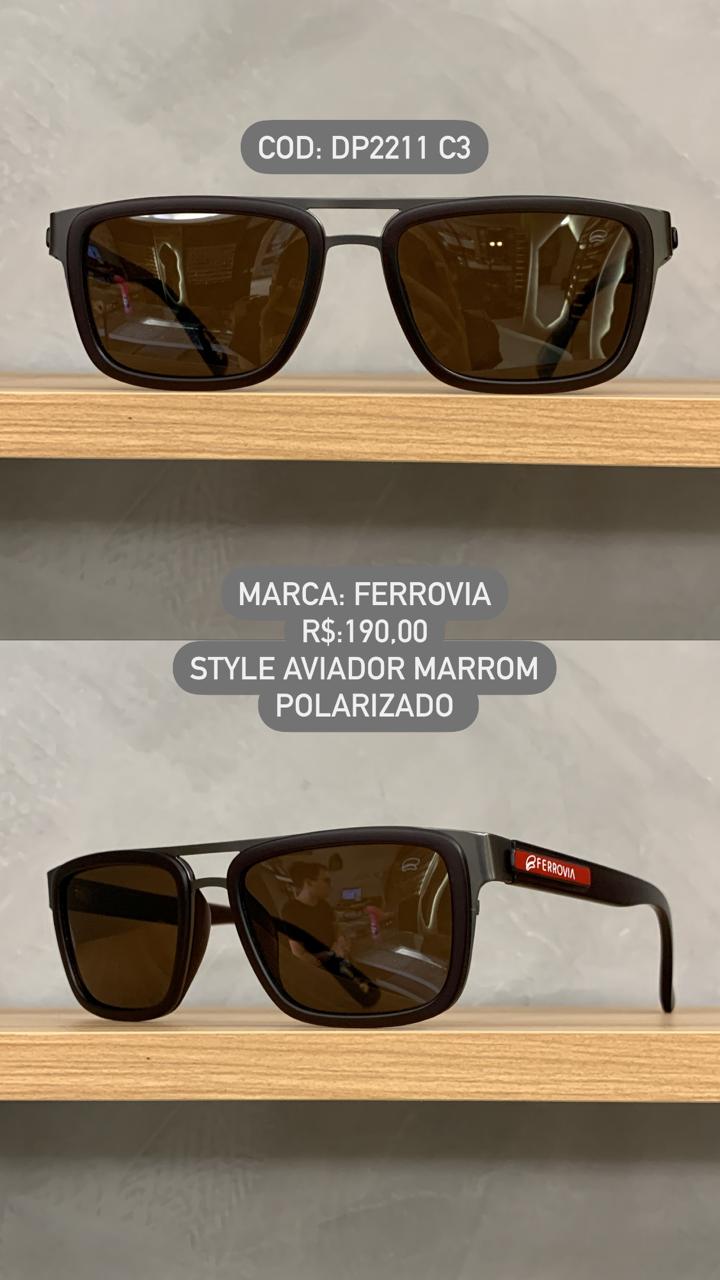 Óculos de Sol Ferrovia Masculino Aviador Quadrado Cacau com Lente Cacau Ponte Alta Terra do Sol Polarizado em Metal DP2211 C3