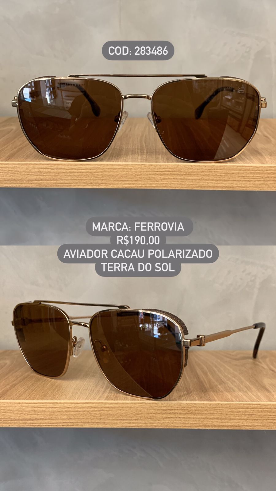 Óculos de Sol Ferrovia Masculino Aviador Quadrado Dourado com Lente Cacau Ponte Alta Terra do Sol Polarizado em Metal 283486