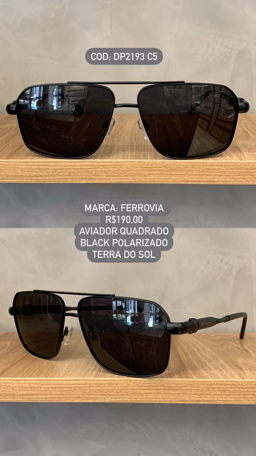 Óculos de Sol Ferrovia Masculino Aviador Quadrado Preto com Lente Preta Ponte Alta Terra do Sol Polarizado em Metal DP2193 C5