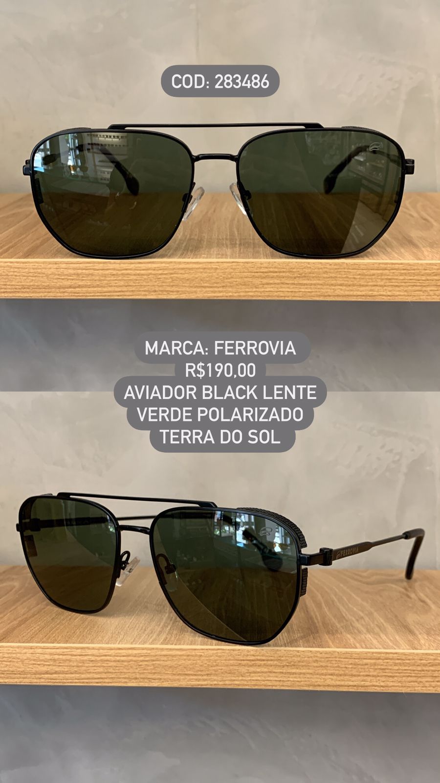 Óculos de Sol Ferrovia Masculino Aviador Quadrado Preto com Lente Verde Ponte Alta Terra do Sol Polarizado em Metal 283486