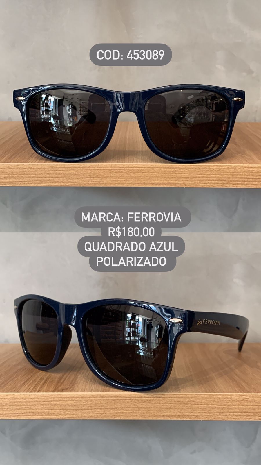 Óculos de Sol Ferrovia Masculino Azul Esmaltado Quadrado com Lente Preta Acetato Flexível Polarizado 453089 