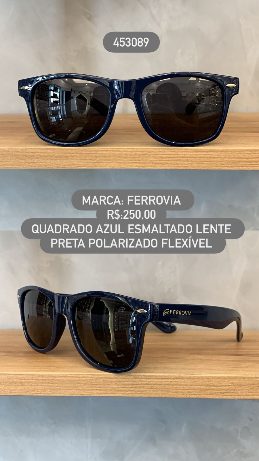 Óculos de Sol Ferrovia Masculino Azul Esmaltado Quadrado com Lente Preta Acetato Flexível Polarizado 453089 