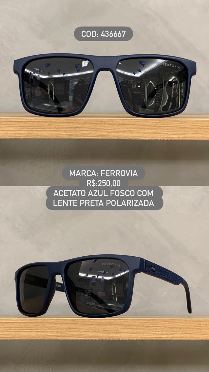 Óculos de Sol Ferrovia Masculino Azul Fosco Detalhe na Perna com Lentes Pretas Polarizadas em Acetato 436667 
