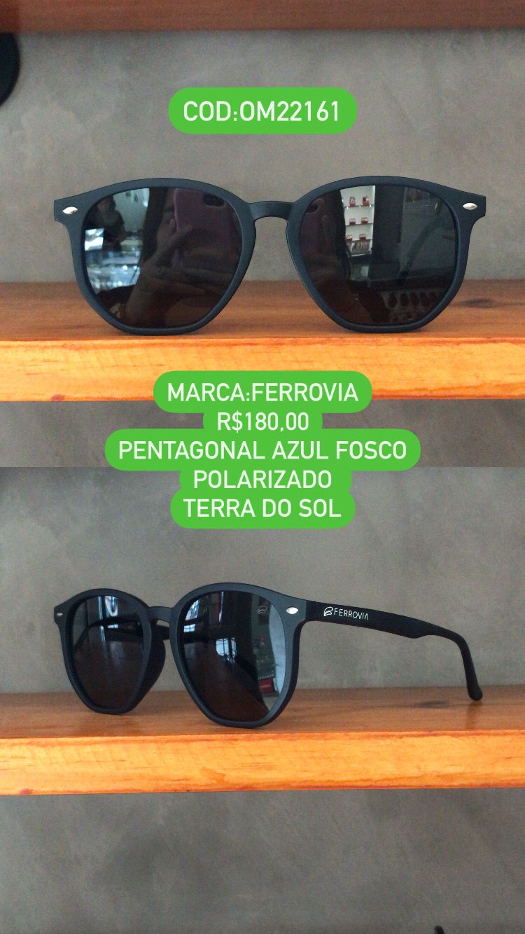 Óculos de Sol Ferrovia Masculino Azul Fosco Pentagonal Lente Preta Acetato Polarizado Linha Terra do Sol OM22161