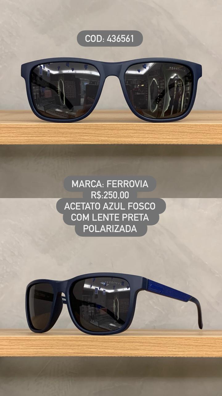 Óculos de Sol Ferrovia Masculino Azul Fosco Quadrado com Lente Preta Polarizadas em Acetato 436561