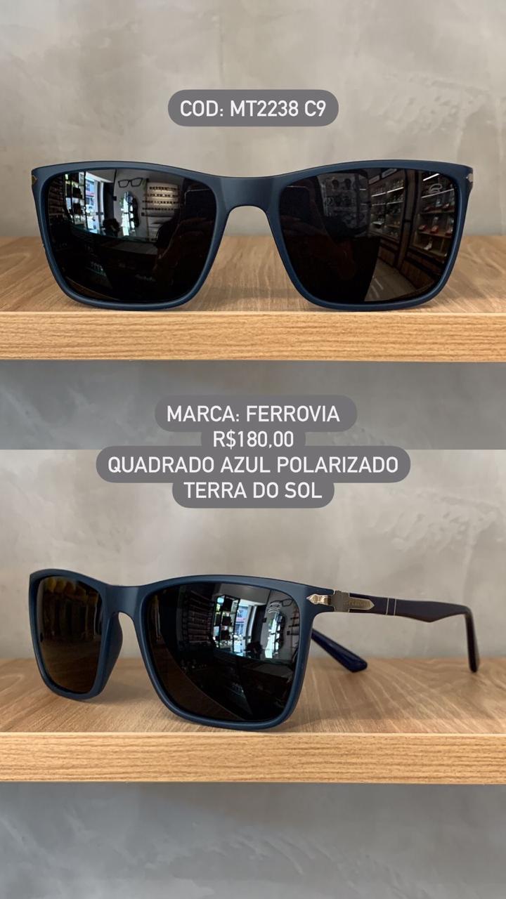 Óculos de Sol Ferrovia Masculino Azul Fosco Quadrado com Lente Preta Terra do Sol Polarizado em Acetato MT2238 C9