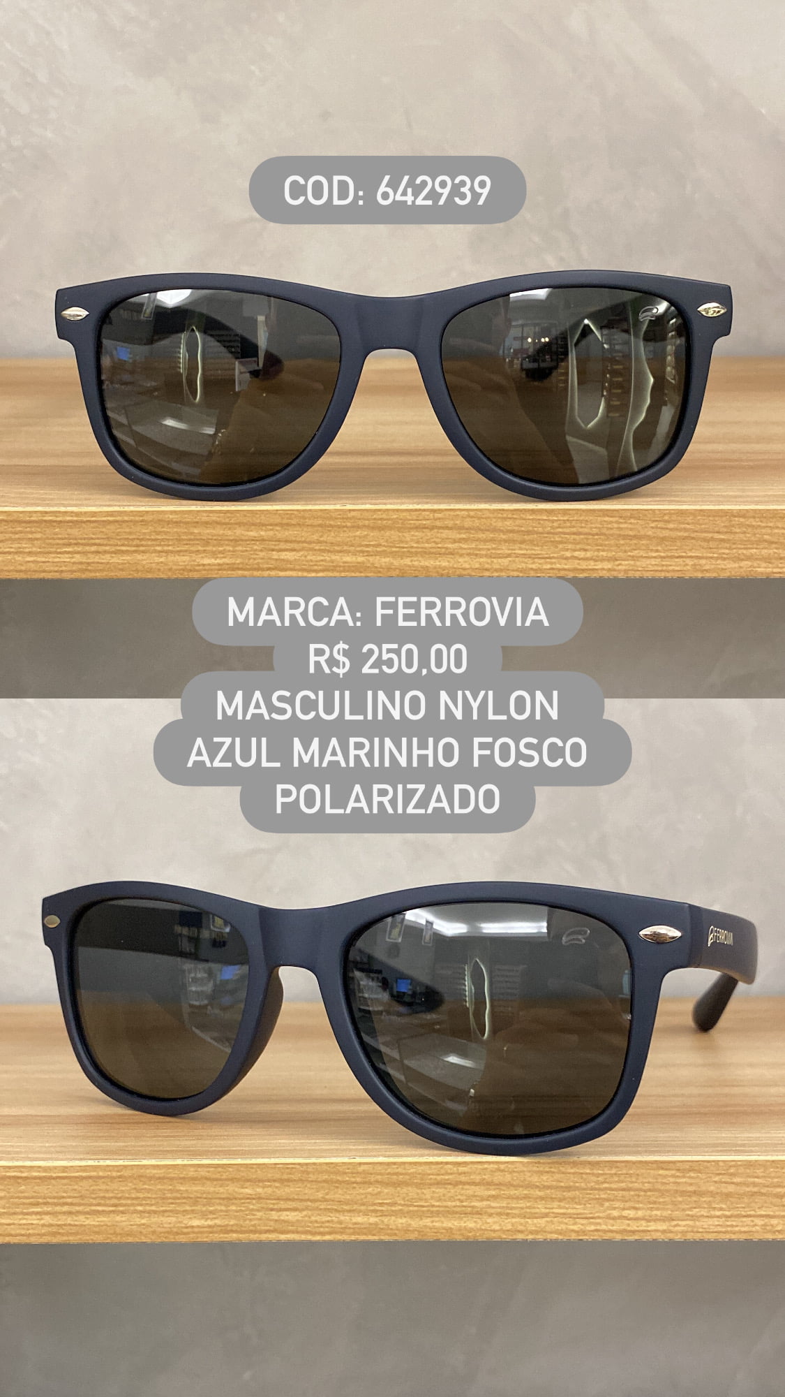 Óculos de Sol Ferrovia Masculino Azul Marinho Fosco com Lente Preta Polarizada 100% Nylon em Acetato 642939