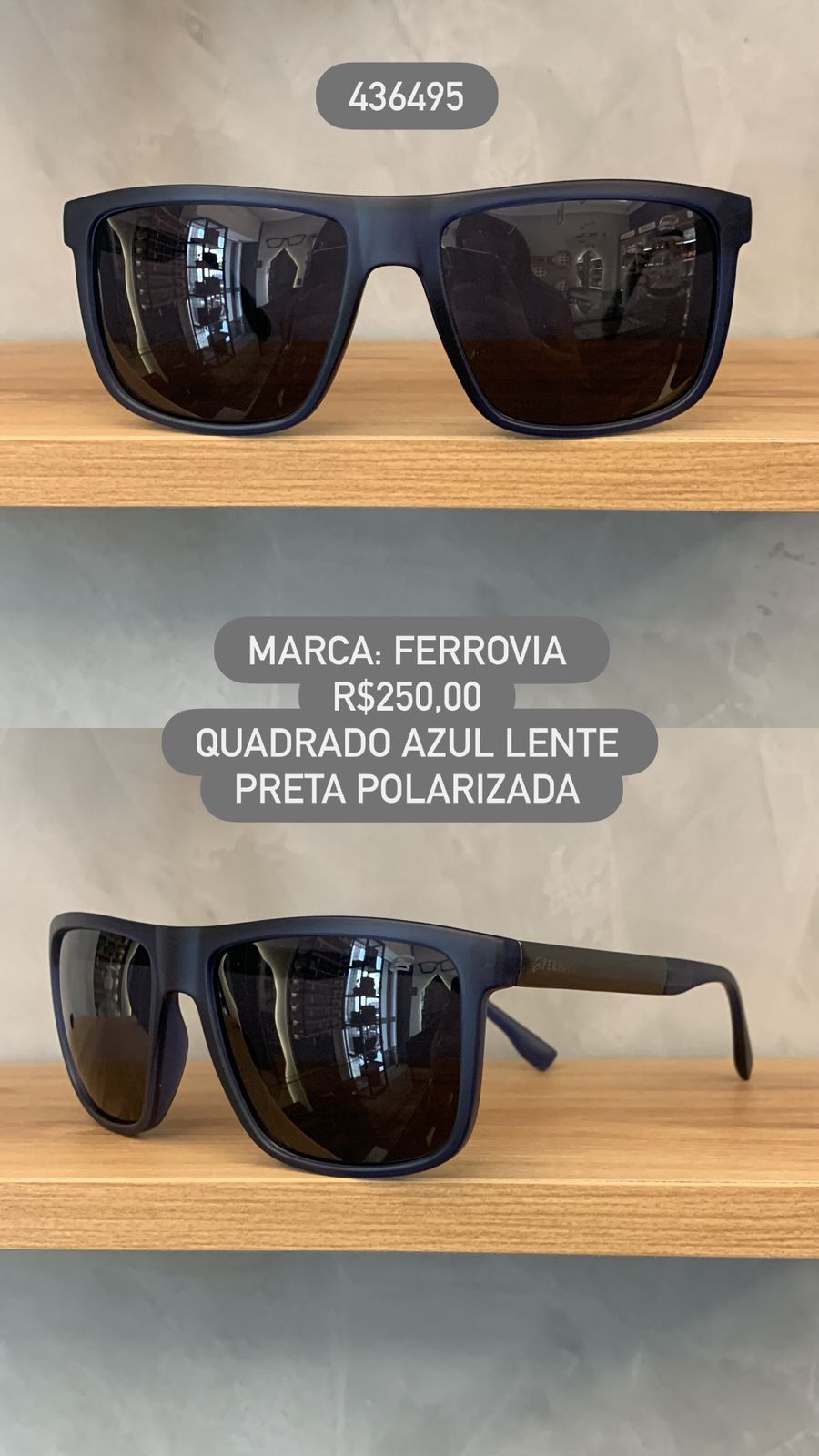 Óculos de Sol Ferrovia Masculino Azul Quadrado Lente Preta Polarizada em Acetato 436495