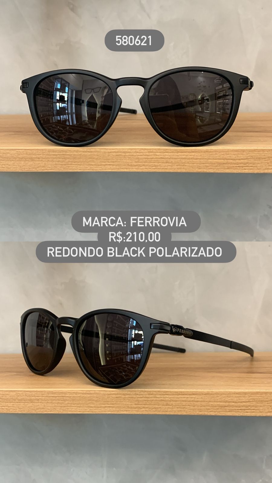 Óculos de Sol Ferrovia Masculino Black Redondo com Lente Preta polarizado em Acetato 580621