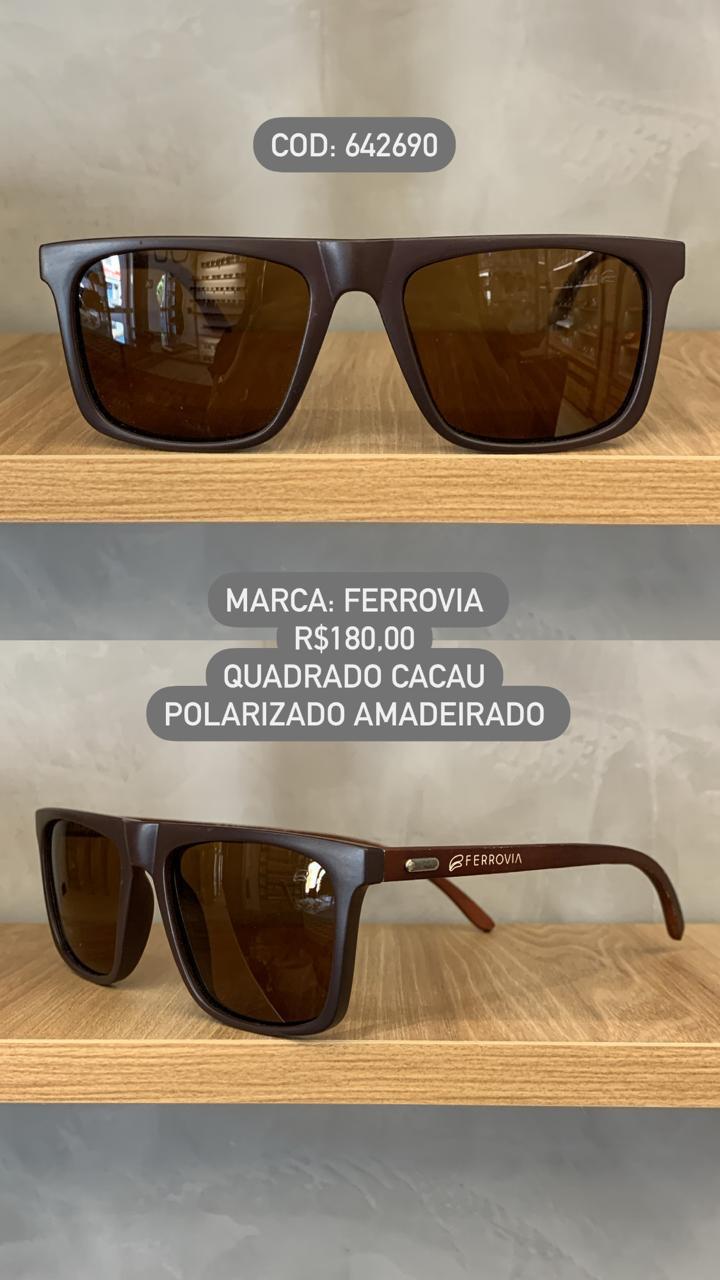 Óculos de Sol Ferrovia Masculino Cacau com Perna Amadeirada em Bambu Quadrado Acetato Polarizado 642690_