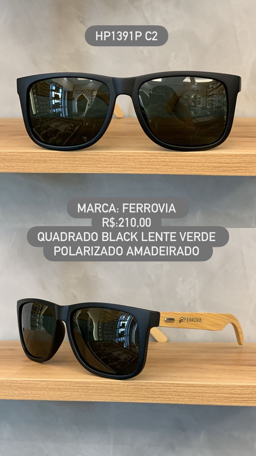 Óculos de Sol Ferrovia Masculino Preto Quadrado Lente Verde Polarizado Perna Amadeirada HP1391P C2